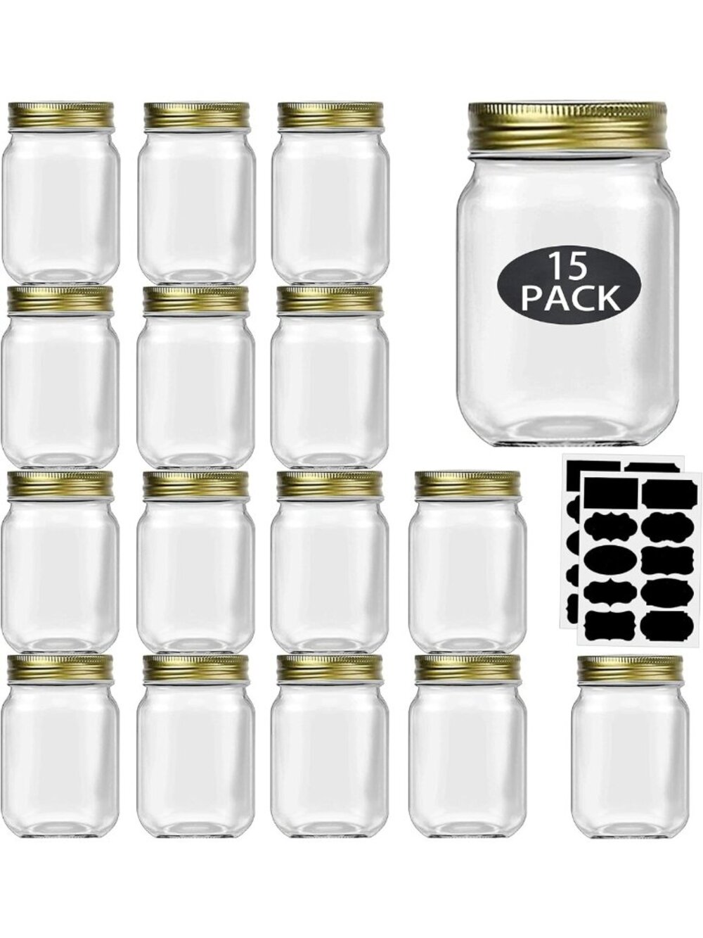 16 oz Pint Mason Jars with Gold Lids - 15 Pack Canning & Storage Jars